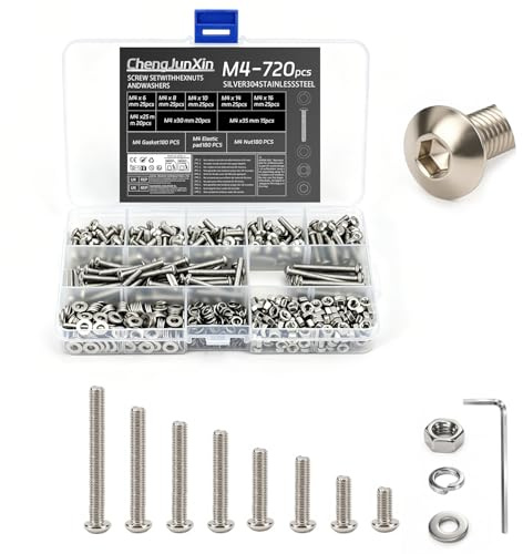 Juego de 720 tornillos M4 – Juego de tornillos de cabeza semicircular hexagonal y tuercas M4 con arandelas de seguridad y arandelas.