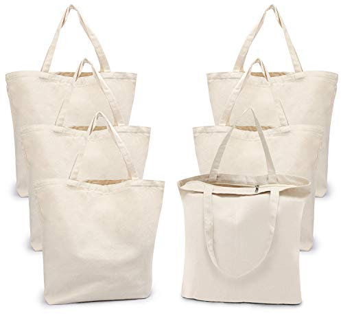 Segarty Canvas Tote Bag with Zipper, 6 PACK 19.7 x 15.7 inch Bags with Handles, 12 Oz Thick Reusable Plain Washable Grocery Shopping Totes for Teacher DIY Art Crafts Painting Decoration