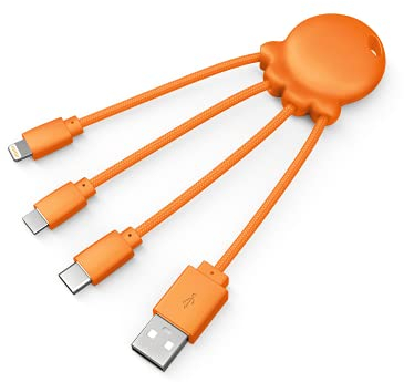 Xoopar Multi USB Kabel 4 in 1 Universal-Ladegerät – widerstandsfähig mit Micro-USB – USB C – Lightning für Smartphone und iPhone Octopus-Kabel – Orange