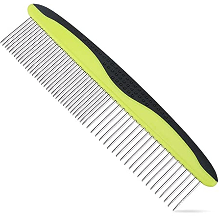 Alinana Grooming Comb for Dogs and Cats - Stainless Steel Rounded Teeth and Rubber Handle Make it Easy to use on Long-Haired Dogs - Removes Loose Undercoat, Knots, Mats, and Tangled Hair