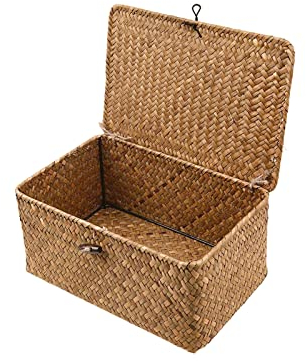 Cestino Portaoggetti, Seagrass Cesta Vimini con Coperchio in Rattan Intrecciato Fatto a Manograss (XL: 32x22x15CM)