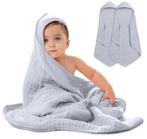 Comfy Cubs - Paquete de 2 toallas de algodón de muselina con capucha de 9 capas para niños, tamaño grande de 32 x 32 pulgadas, ultra suave, cálida y absorbente. Baby Essentials - Toallas de baño