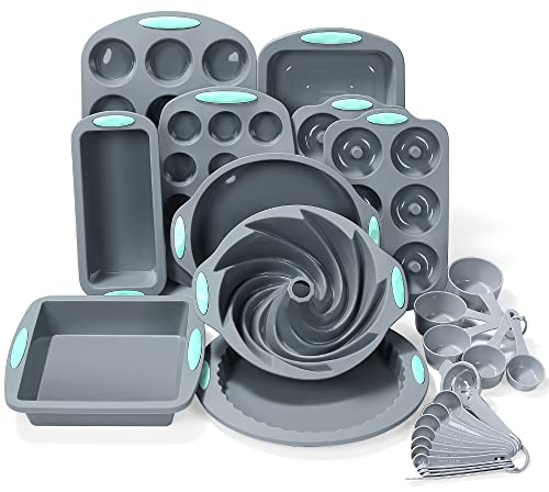 To encounter Set da forno in silicone 27 in 1: 10 teglie da forno, stampi per torte in silicone, teglia per ciambelle, teglia per muffin con misurini e cucchiai