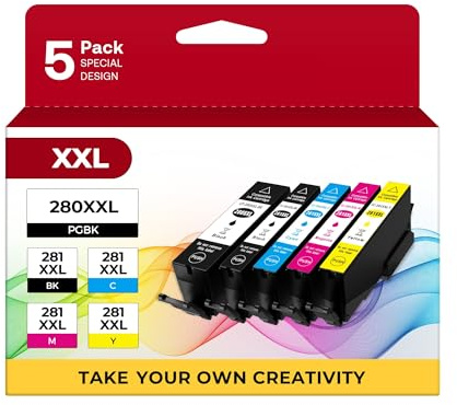 PGI-280 XXL/CLI-281 XXL Ink Cartridge 5 Color Value Pack Replacement for Canon 280 281 Ink Cartridges Compatible with Printer TR8520 TR8620 TR7520 TR8600 TS6120 TS6220 TS9120