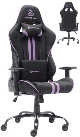 NEWSKILL KitsuneV2 - Silla Gaming ergonómica, Respaldo reclinable 180 Grados, reposabrazos 2D Ajustables, Cojines Lumbar y Cervical, Ruedas XL silenciosas, Tela Transpirable, Color Morado
