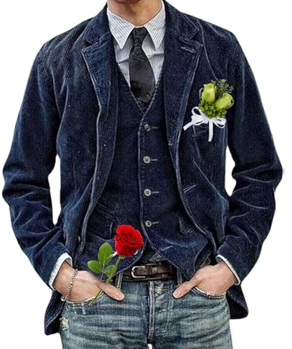 Giacca da uomo vintage in velluto a coste, giacca da uomo in velluto a coste slim fit cappotto sportivo con tasche monopetto, Blu scuro, XL