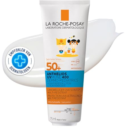 La Roche-Posay Anthelios, Latte Solare per Bambini SPF50+, Per Pelli Sensibili, Protezione di Viso e Corpo, Con Mexoryl 400, Burro di Karité e Vitamina E, Resistente all'Acqua, 75 ml