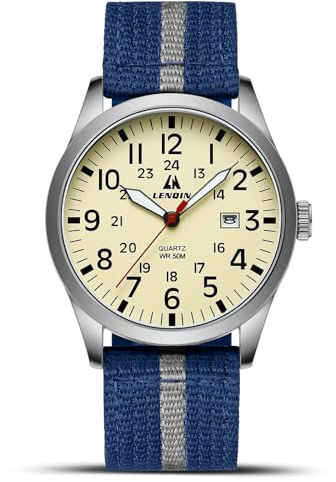 LN LENQIN Herrklockor militärklocka analog kvartsur för män vattentäta armbandsur med datum nylonband armé taktisk sportklocka, 07- Silver Gul Blå, Militär