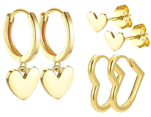 HinDaLi 3 Paar Herz Ohrringe Silber 925 für Damen und Mädchen, Hängend Gold Ohrstecker, Creolen Klein, Anhänger