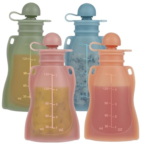 Eascrozn Bolsas reutilizables para alimentos para bebés con popotes, paquete de 4 bolsas de silicona recargables para niños pequeños, sin BPA, recipientes de almacenamiento de alimentos para bebés