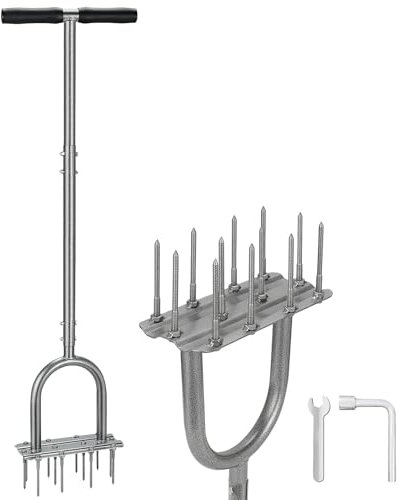 Fologtoo Herramienta aireadora de césped, herramienta de aireación premontada de 43.3 pulgadas con 12 picos de metal duraderos, aireadores manuales eficientes para patio, aireador de césped,