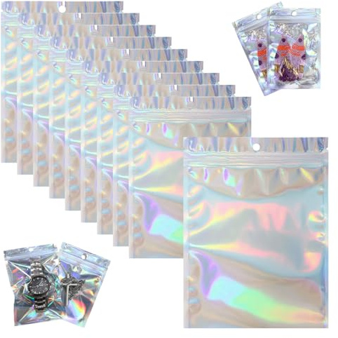 SYEYCW 100 Piezas Bolsas Plastico Pequeñas, Bolsa Aluminio Resellable, Bolsa Mylar Hermética para Alimentos, 6x10 cm Bolsa Holográfica con Cremallera, Bolsa de Mylar para Caramelos Snacks Joyería
