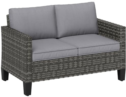 Outsunny 2 Seater Rattan Sofa Garden Sofa Cushions Steel Frame Dark Grey | Wicker Garden Loveseat with Armrests, Outdoor Couch, Porch, Balcony