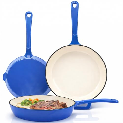 Hisencn Enameled Cast Iron Skillet,Ceramic Cast Iron Frying Pan Sets,Blue