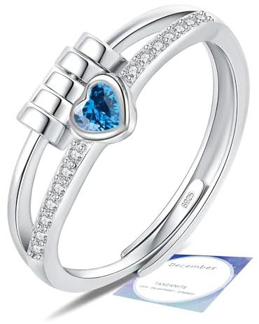 Birthstone Jewellery for Women, Adjustable December Birthstone Fidget Ring, Sterling Silver Plated Fidget Gifts, Blue Anxiety Heart Rings for Daughter Birthday Christmas
