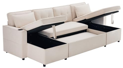 KecDuey Sofá en forma de U, sofá cama con función de dormir, sofá tapizado, tela de algodón y lino, con soporte para bebidas, dos espacios de almacenamiento, adecuado para familias, salas de estar y