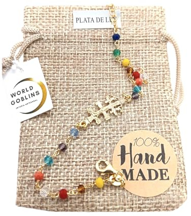 WORLD GOBLINS- Pulsera Cruz de Caravaca Plata de Ley Chapada en Oro 18K +Piedras Chakras de Colores – Hecha a Mano en Córdoba. Joyas Artesanales. Joyería, Regalos Originales (18k Caravaca de la Cruz)