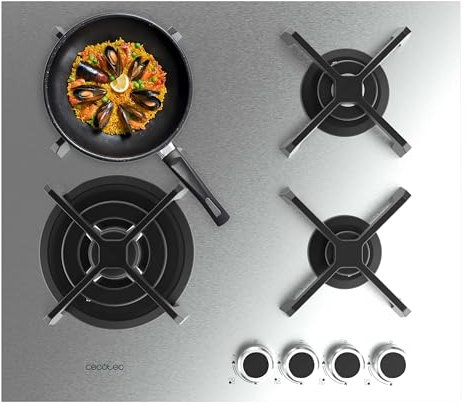 Cecotec Plaque de Gaz 4 Feux Bolero Squad G 4400S Inox, 8kW, Acier Inoxydable, Grilles en Fonte, Brûleur WOK Triple, Allumage Électronique, Sécurité Valves, accessoire de conversion