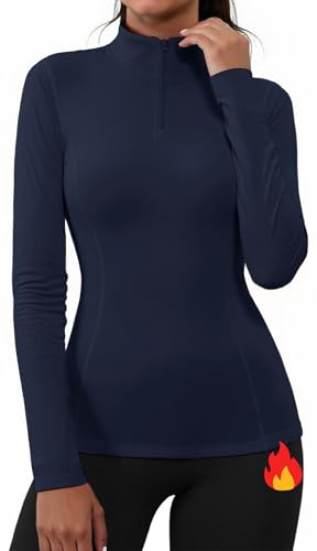 Gyabnw Womens Running Top Thermal Fleece Half Zip Long Sleeve Heather Navy