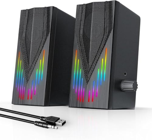 Uakinat Computer Speakers with 6 Colorful RGB Lights,USB Powered 3.5mm Aux with Loud Stereo Sound,Headphone-in for Desktop,PC/Laptop/Tablet Phone