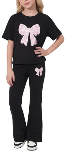 Valcatch Girls Tracksuit Set Cute Fashion Print Short Sleeve T-shirt and Flared Leggings 2 Piece Outfits, Kids School Gym Street Dance Active Wear for Spring Summer Autumn for Age 8-12 Years