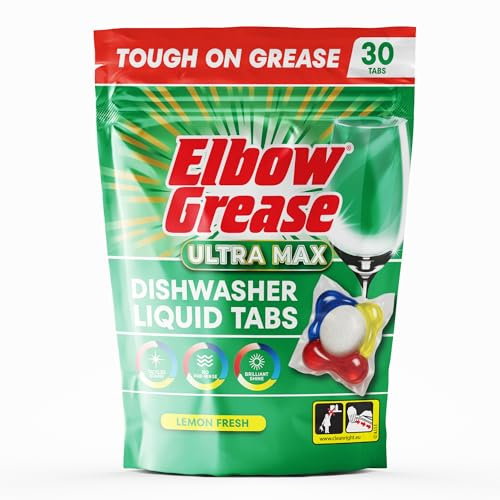 Elbow Grease Ultra Max Liquid Dishwasher Tablets | Tough on Grease & Brilliant Shine | Prevents Limescale | Powerful All-In-1 Clean (Lemon, 30 Tabs)