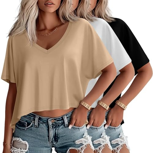 Geyoga 3 Pack Women's Oversized V Neck Crop Tops | Baggy Cropped Tees, Short Sleeve Shirts, Irregular Hem Tops, Soft Breathable Clothing, Casual Gym Outfit, Fall Fashion