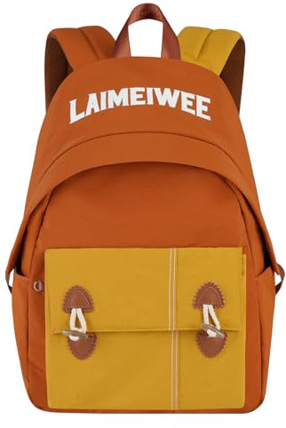 LAIMEIWEE Mochila de viaje ligera, mochila escolar para adolescentes, niñas, niños, elegante mochila casual para mujeres, para laptop de 14 pulgadas, Marrón y amarillo, Medium