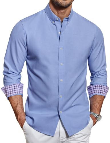 COOFANDY Men's Long Sleeve Shirts Oxford Button Down Shirt Regular Fit Smart Casual Shirts Blue L