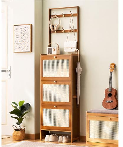 Smalt skoförvaringsskåp i bambu med krokar 2-i-1 fristående sko- och klädhängare smal flip dörrskohylla för Entway hall foajé - B-50 x 17 x 186 cm