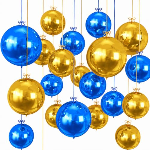 GoldRock 4D-folieballonger i 3 storlekar: 10,15,22 tum, bollballonger för bal, skolstart, nyårsafton, födelsedag, pensionering, jul, XXL ballonger (blått guld, 16 stycken)