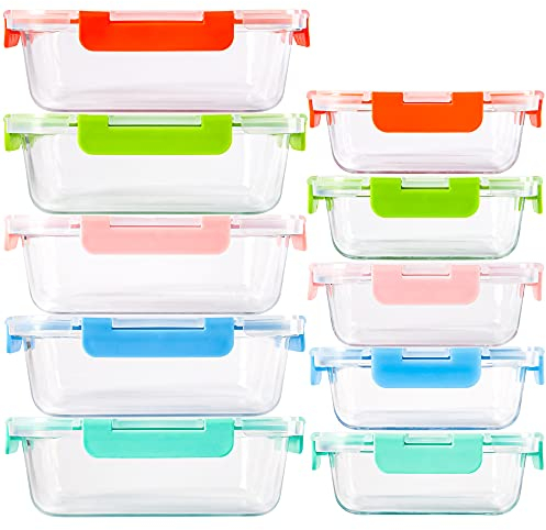 C CREST Lot de 10 Récipient en Verre - 1040 ML + 370 ML Boîtes Alimentaires - Contenants de Stockage de Repas en Verre, sans BPA (Multicolore)
