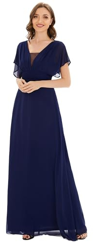 Ever-Pretty Vestito da Sera Donna Chiffon Linea ad A Scollo a V Maniche Corte Stile Impero Lungo Blu Navy 40