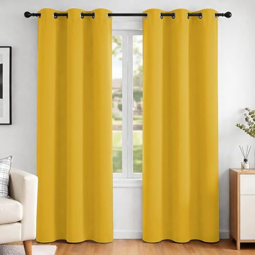 Deconovo Functional Thermal Insulated Curtains Blackout Curtains Eyelet Curtains for Kids Bedroom Mellow Yellow W42 x L84 Inch One Pair