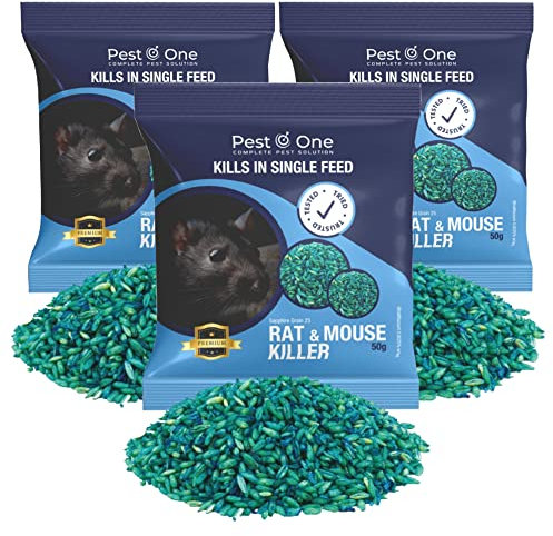 Rat & Mouse Poison Blue Grain - Kills in Single Feed Stongest Maximum Strength Rodent Killer for all weather 150g (3 x 50g)