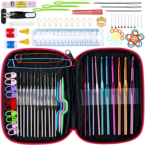 Retoo Kits de Ganchillo para principiantes, juego de 100 piezas, Juego de ganchillo agujas de tejer accesorios en diferentes tamaños y bolsa, multicolor ergonómico para tejer y agujas