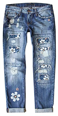 Onsoyours Jeans Femme Casual Imprimé Tournesol Jean Boyfriend Jambe Droite Jean Taille Haute Pantalon Bleu Jean Léopard Floral Patchwork Jean E Bleu01 L