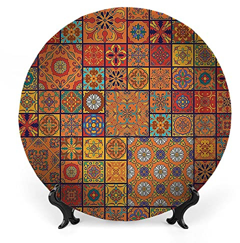 LIGUTARS Decorative Plates, Moroccan Decor Print Ornament, Collection of Moroccan Style Geometric Patterns Floral, 8 Inch, 1 Plate with 1 Display Stand, Orange Red