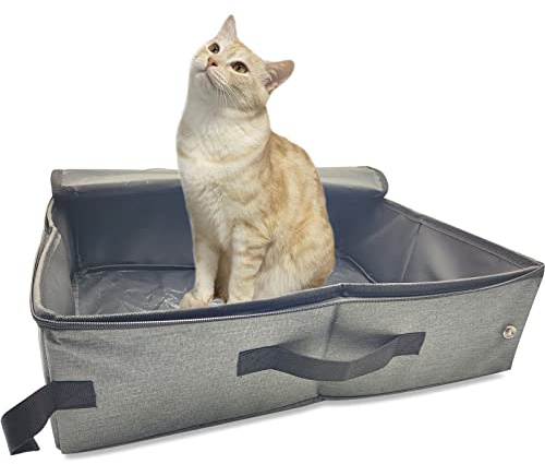 Katzentoilette Reise Faltbares Katzenklo mit Deckel, 47*36cm XXL Größere Reise Katzenklo Tragbare für Kitten, Wasserdicht, Verstärkung, Praktisch Katzentoilette für Freien, Camping, Haus, Auto, Grau