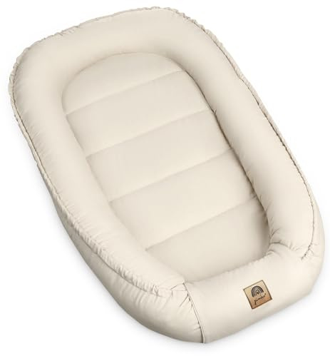 PIMKO Nid d'ange pour bébé, Nid douillet 2 côtés, Pour nourrissons et nouveau-nés, 100 % coton, Convient pour la maison, 55 x 90 cm (beige avec rabat)