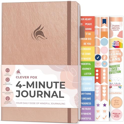 Clever Fox fyra minuters journal – daglig positivitetsdagbok med uppmaningar – motiverande bekräftelse, psykisk hälsa och vana tracker (roséguld)