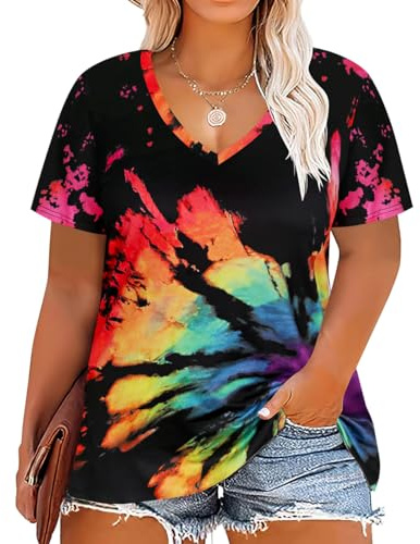 CARCOS Tie Dye Plus Size Tops Womens Black Short Sleeve Summer T-Shirts V Neck Basic Rainbow Shirts Casual Loose Fit Blouses 2XL 18W 20W