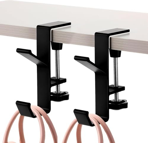 2Pcs Clamp-On Under Desk Headphone Holder Backpack Hook Students' Desk Hook with Adjustable Arm Clamp Women's Bag Handbag and Purse Holder - Suitable for Plate Between 1-5cm / 0.4-1.96” - Black
