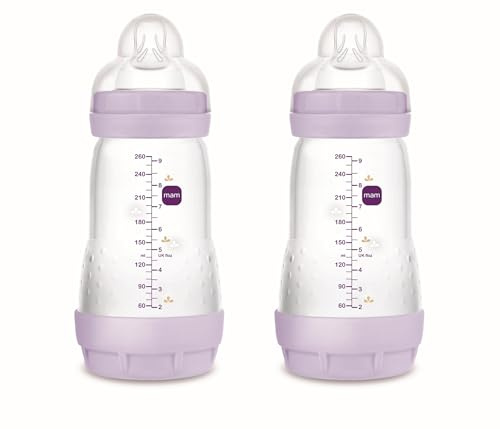 MAM Pack 2 Biberones Anticólicos, 2-4 Meses, 260ml, con con Tetina 2 Flujo Medio de Silicona de Fácil Aceptación, Autoesterilizable y Fácil de Limpiar, MAM Easy Start Anti-Colic, Rosa Mate, 2uds