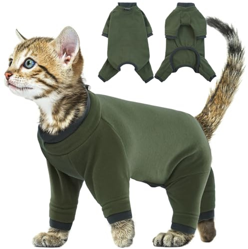 Cappottino per Gatti, Vestito Invernale Maglione Flecce Morbido Body Chirurgico Gatti Maglietta Pigiam a Quattro Zampe Onesie Primavera Autunno Inverno(Verde Militare, XS)