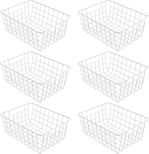MUKLEI 6 PCS 28 x 22 x 12cm White Wire Storage Baskets, Metal Freezer Storage Baskets, Pantry Organizer Storage Bin for Bathroom, Fridge, Office, Freezer, Cabinet, Shelf