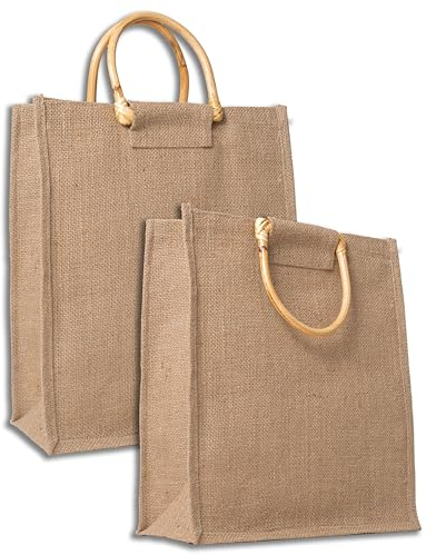 IPEA 2x Jute Tasche mit Holzgriffen zum Einkaufen, Verbringen und für die Freizeit – 2 Stück – Shopper aus natürlicher Jute – Einkaufstasche für Abend, Meer, Strand – Elegantes Design – 35 x 30 cm