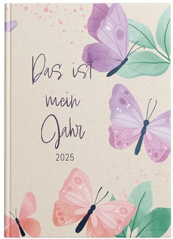 Idena 11141 - Taschenkalender DIN A5 2025 Mein Jahr, 1 Woche auf 2 Seiten, Terminplaner mit wattiertem Hardcover-Einband, Schmetterlingsmotiv und Leseband
