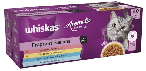 WHISKAS Cat Pouches Aromatic Fusion in Gravy 40x85g –Tasty Wet Cat Food with Flavorful Fusion in Gravy