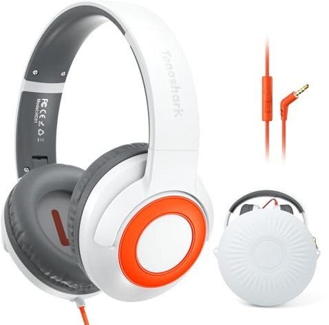 TONOSHARK Auriculares Niños con Cable para Vuelta al Cole, Cascos Cable con Microfono, Volumen Limitado a 85/94 dB, para Clases Online, Escuela, Auriculares Infantiles Jack 3.5, Cascos Niña, (Blanco)